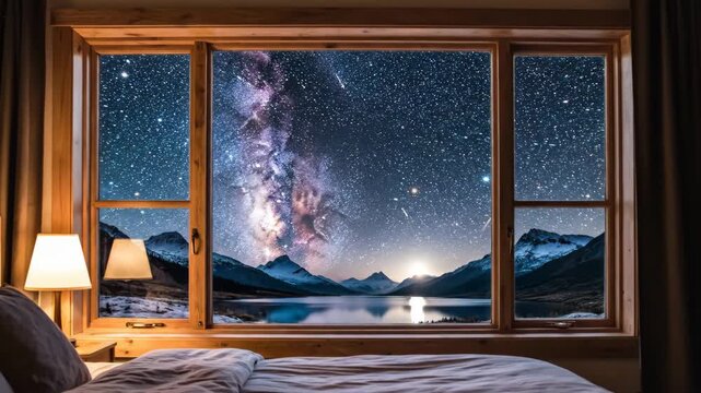 Relaxing bedroom scene with warm lamp glow framing a wooden window that opens to a surreal nightscape: milky way over mountains and a calm, reflective lake