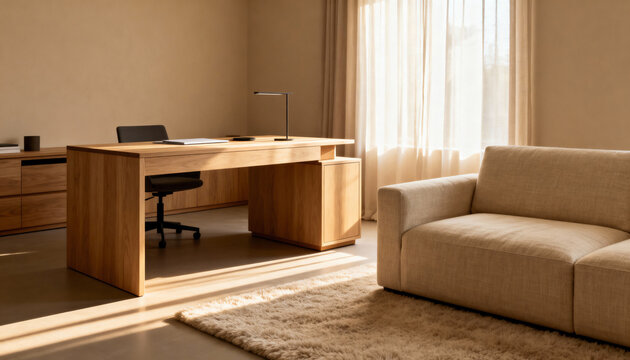 Modern home office interior with a wooden desk and furniture. Minimalist workspace with natural sunlight from a window. Contemporary remote work setup with copy space.
