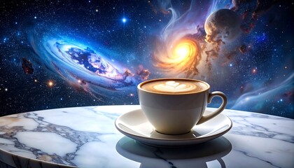 Cappuccino with latte art sits on a marble table with a nebula cosmic background, creating a dreamy space scene
