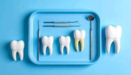 Dental tools and teeth models arranged on a blue tray, showcasing oral care and hygiene