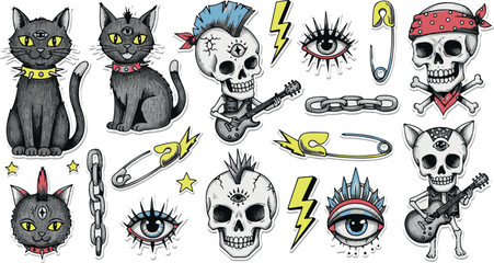 Punk rock skull and cat illustration set with guitars, chains, lightning, safety pins, and third eyes — edgy tattoo-style vector art for stickers and design.