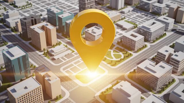 Yellow 3d location pin marking a precise destination point on an abstract isometric urban city map with roads and buildings, symbolizing navigation systems and delivery services