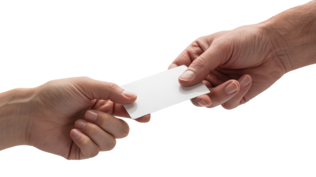 Hands exchanging blank white card isolated on a transparent background