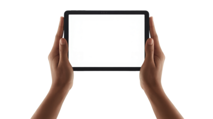 Hands holding tablet computer screen isolated on a transparent background