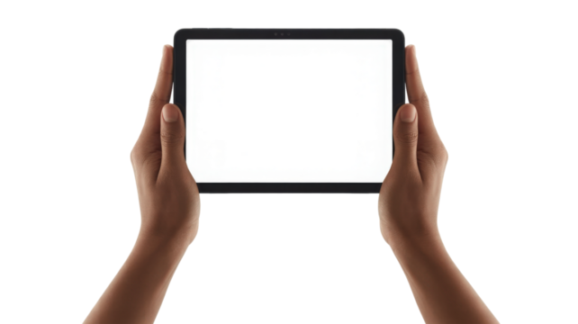 Hands holding tablet computer screen isolated on a transparent background
