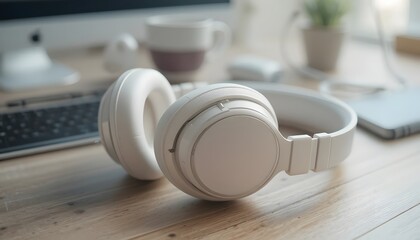 Immerse yourself in pristine audio with these modern, comfortable white headphones on a clean, natural wood desk beside a computer and plant.