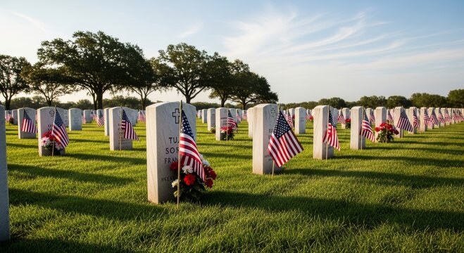 Rows of military graves with flags and flowers on a sunny day
