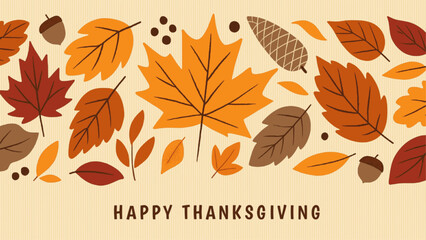 Happy Thanksgiving day horizontal vector, banner, card, printable with acorns, berries, plants, text, fall leaves background, illustration of autumn, floral elements holiday clipart for web, poster