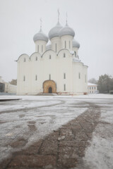 Vologda, Russia, winter landscape with view of cathedral and church