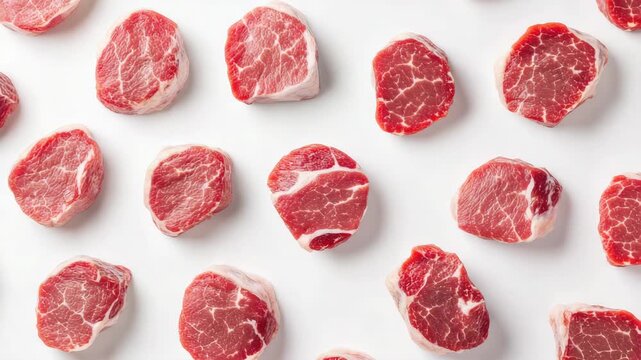 A close up of many pieces of meat. The meat is cut into small pieces. The meat is red in color