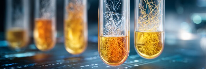 Scientific laboratory glassware with vibrant orange-yellow liquid and intricate crystalline structures, showcasing chemical research and experimental precision in a blurred background setting.