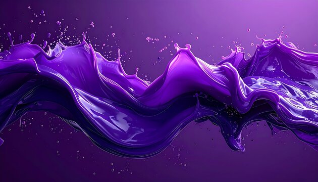 Vivid close-up of a flowing, glossy substance. Swirls of purple with splashes create dynamic abstract shapes. The smooth textures contrast the chaotic effects