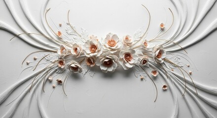 Elegant floral arrangement featuring delicate white flowers with peach centers on a textured white background