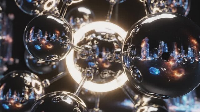 Chrome spheres connected in a scientific molecular structure reflect a stylized futuristic city, creating a striking visual representing technology, data, and urban networks - Powered by Adobe
