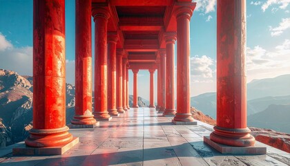 A perspective view of a colonnade with vibrant red columns, set against a backdrop of majestic mountains and a clear sky.