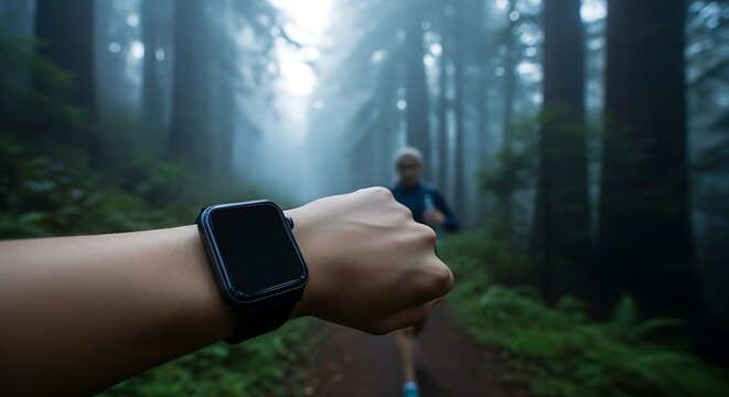 Watch on wrist with runner in forest