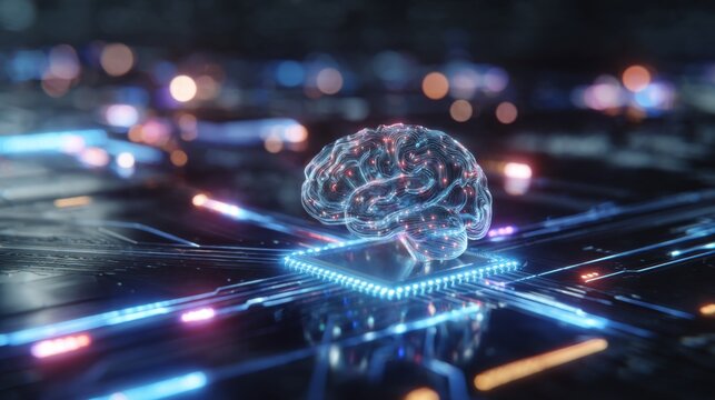 The harmonic convergence of ai: bridging the gap with technology. High-tech network. Subtle shift of perspective: metallic brain on blue circuit paths in ai's realm. Intelligent network.