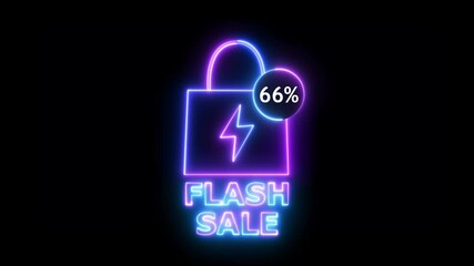 Neon Flash Sale Shopping Bag With 66 Percent Discount On Black Background image photo