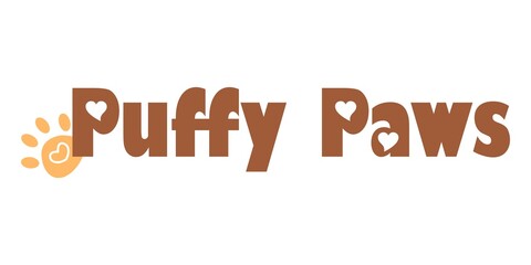 Playful pet logo with bold text, heart accents, and paw print. Ideal for pet food packaging, branding, and animal-themed marketing. Cute illustration