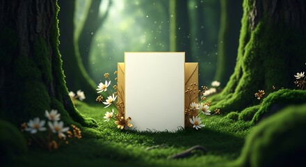 Blank card with envelope and flower in forest