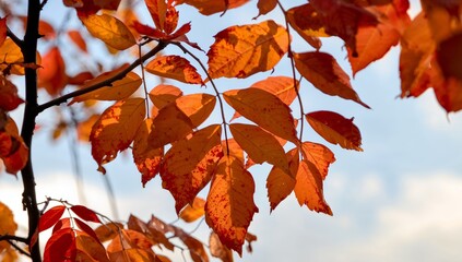 Fototapeta premium Autumnal Canopy. A Symphony of Golden and Crimson Hues Against the Azure Sky Backdrop.