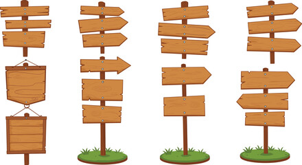 Wooden signpost illustration set with grassy bases and varied directional boards for outdoor design, wayfinding, and vector content © Sagar Creative