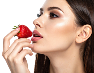 Sensualité et douceur – Femme qui met en bouche une fraise sucrée – PNG Haute Définition