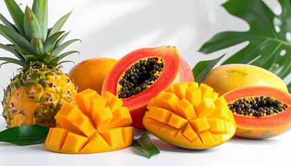 A vibrant arrangement of fresh tropical fruits, including a whole pineapple, a sliced mango, and two halves of papaya, set against a clean white background with