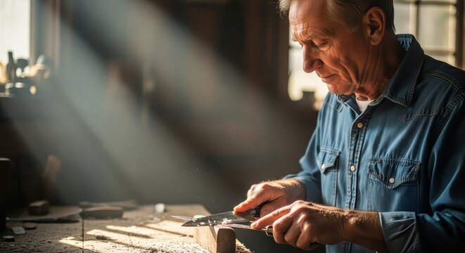 Elderly man sharpening knife while working in a sunlit workshop  