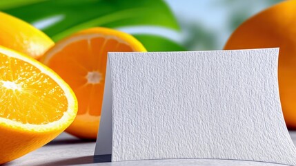 A blank white card is placed in front of a backdrop of fresh, sliced oranges and vibrant green leaves, creating a bright and refreshing composition.