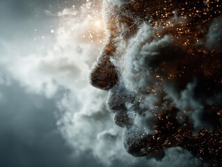 digital abstract human face composed of glowing dots and lines with clouds and mist creating a dreamlike quality ample space for text on the left concept of technology innovation mystery