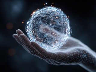 hand holding glowing spherical network of lines and nodes emitting blue and orange light against dark blurred background with empty space for text concept of technology innovation future