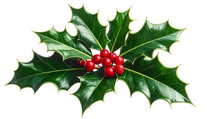 Vivid close-up of a sprig of holly with glossy green leaves and vibrant red berries, set against a clean white backdrop