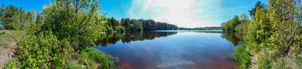 Fototapeta premium Tranquil Forest Lake Panorama Under Bright Summer Sky