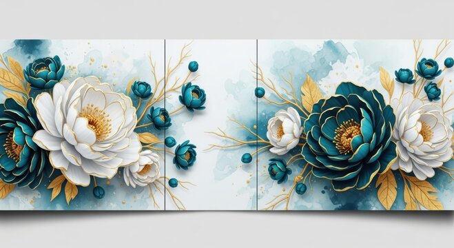 Watercolor triptych featuring teal and white flowers with gold accents