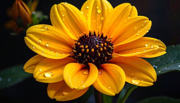 Vivid close-up of a sunflower, with large, vibrant yellow petals and a dark center. Water droplets glisten on the flower, set against a dark background