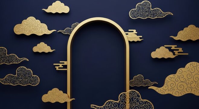 Elegant dark blue background with golden clouds and archway for chinese new year celebration