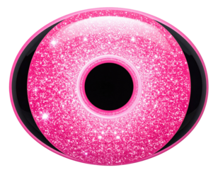 Sparkly pink eye-shaped object with black background and pupil