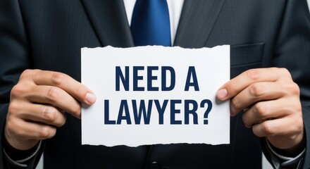Professional holding a sign asking need a lawyer in a suit