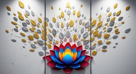 Colorful lotus flower with golden and silver leaves in a triptych arrangement