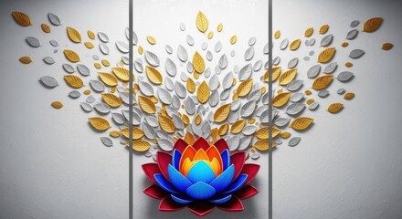 Vibrant lotus flower with golden and silver leaves in a triptych arrangement
