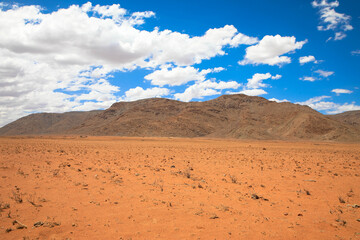 Panoramic view of the landscape of the Namib-Naukluft National Park. This national park in Namibia encompasses parts of the Namib Desert and the Naukluft Mountains. Namibia, Africa.