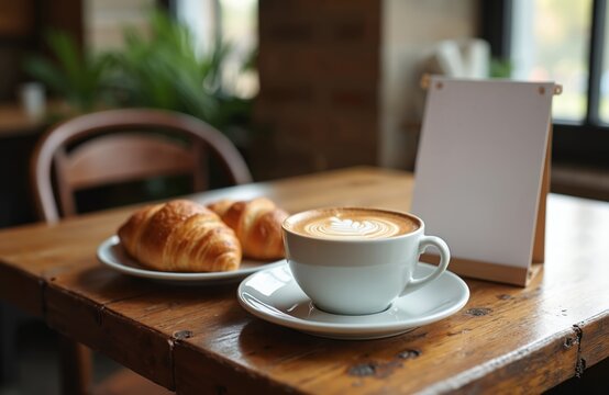 Table in cozy cafe with coffee cup and croissants. Blank menu tent mockup for text. Wooden table with breakfast pastry. Pleasant morning meal setting.