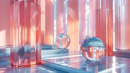 Abstract scene with pink pillars, clear spheres, and reflective surfaces in a modern setting