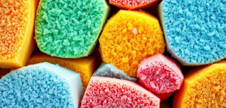 Close-up of colorful scrub sponges, various textures, wet and soapy,  cleaning supplies,  kitchen