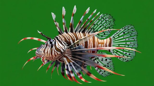A lionfish with stripes and spikes swimming against a solid green colored background image scene green screen fish video