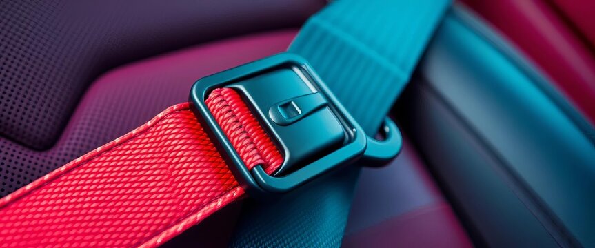 Close-up view of a car seat belt buckle and strap, travel, element