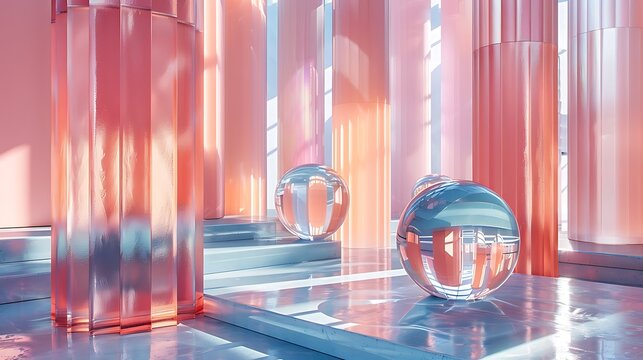 Abstract scene with pink pillars, clear spheres, and reflective surfaces in a modern setting