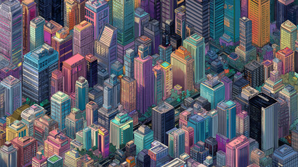 Obraz premium Isometric futuristic city map with harmonious buildings and streets, bird's eye view