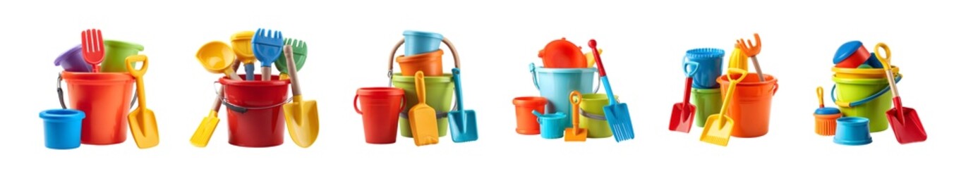 Collection of colorful beach toys for children.